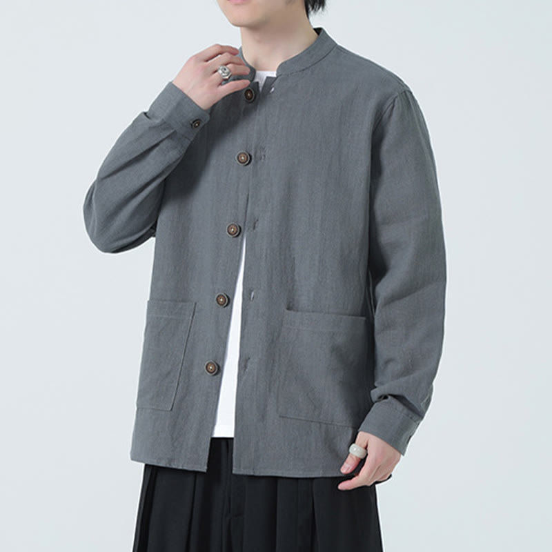 Buddha Stones Men's Button Ramie Linen Cotton Fleece Lined Jacket Shirt With Pockets - image 1