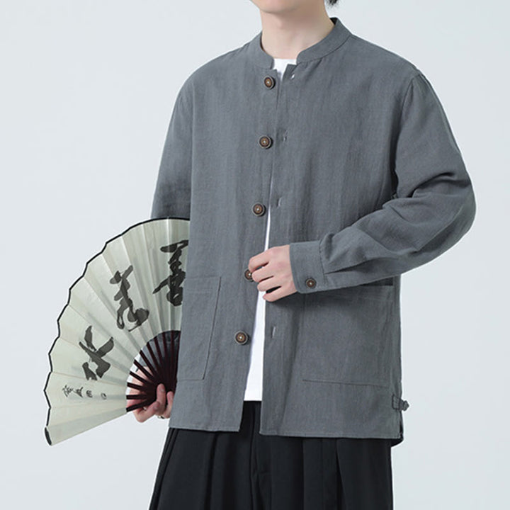 Buddha Stones Men's Button Ramie Linen Cotton Fleece Lined Jacket Shirt With Pockets - Gray - US/UK/AU46，EU56 (5XL) - image 13