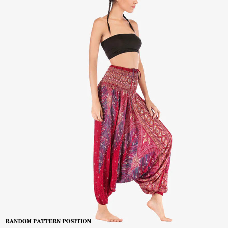 Buddha Stones Two Style Wear Feathers Geometric Pattern Loose Smocked Trousers Jumpsuit Women's Yoga Pants - image 1