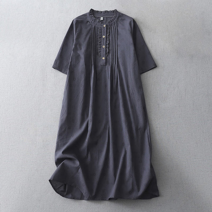 Buddha Stones Casual Retro Solid Color Button Ruffled Crew Neck Design Short Sleeve Cotton Linen Midi Dress With Pockets