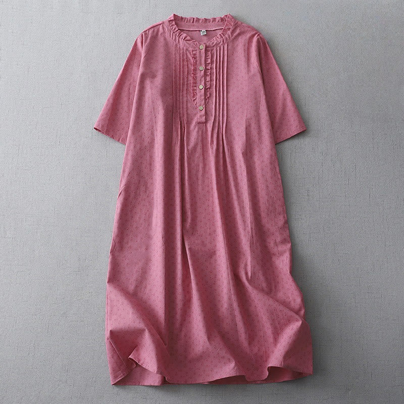 Buddha Stones Casual Retro Solid Color Button Ruffled Crew Neck Design Short Sleeve Cotton Linen Midi Dress With Pockets