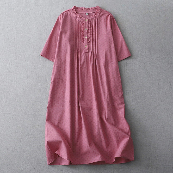 Buddha Stones Casual Retro Solid Color Button Ruffled Crew Neck Design Short Sleeve Cotton Linen Midi Dress With Pockets