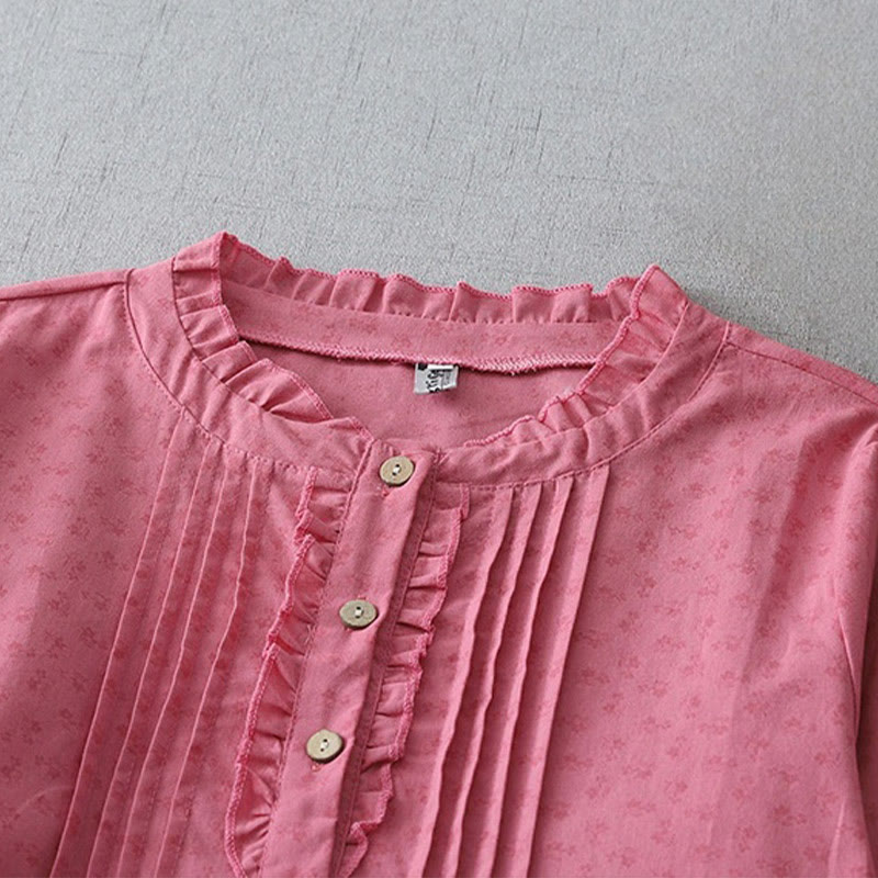Buddha Stones Casual Retro Solid Color Button Ruffled Crew Neck Design Short Sleeve Cotton Linen Midi Dress With Pockets