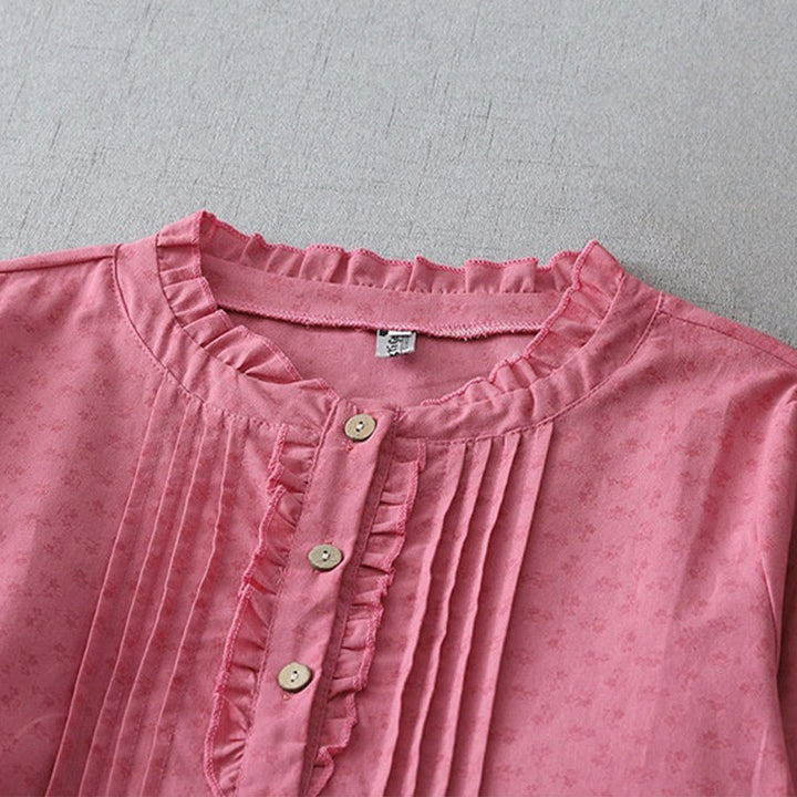 Buddha Stones Casual Retro Solid Color Button Ruffled Crew Neck Design Short Sleeve Cotton Linen Midi Dress With Pockets