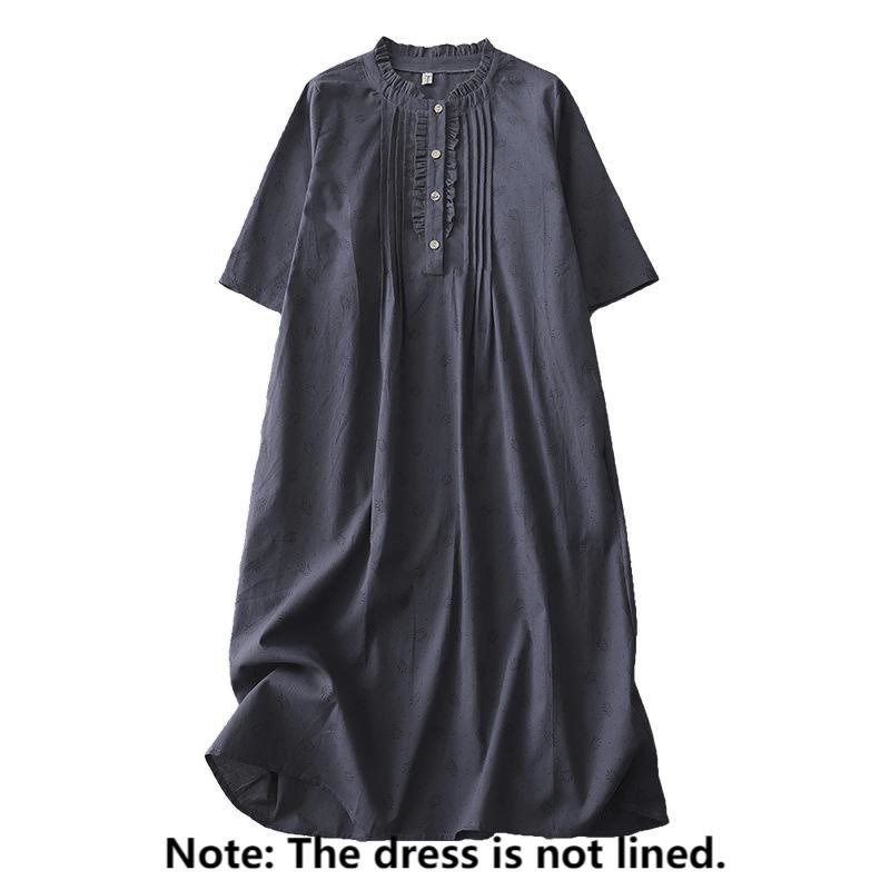 Buddha Stones Casual Retro Solid Color Button Ruffled Crew Neck Design Short Sleeve Cotton Linen Midi Dress With Pockets
