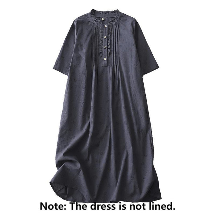Buddha Stones Casual Retro Solid Color Button Ruffled Crew Neck Design Short Sleeve Cotton Linen Midi Dress With Pockets