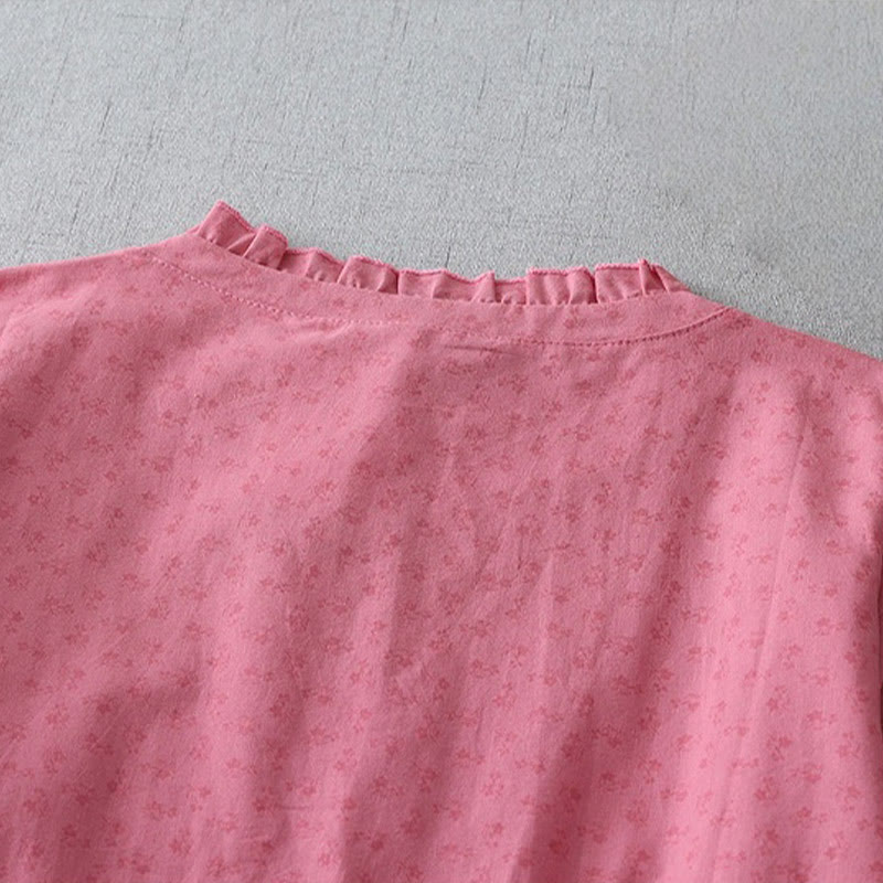 Buddha Stones Casual Retro Solid Color Button Ruffled Crew Neck Design Short Sleeve Cotton Linen Midi Dress With Pockets