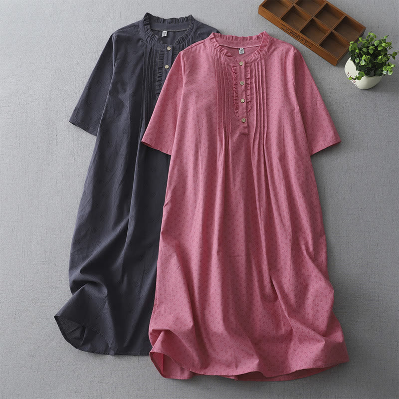 Buddha Stones Casual Retro Solid Color Button Ruffled Crew Neck Design Short Sleeve Cotton Linen Midi Dress With Pockets