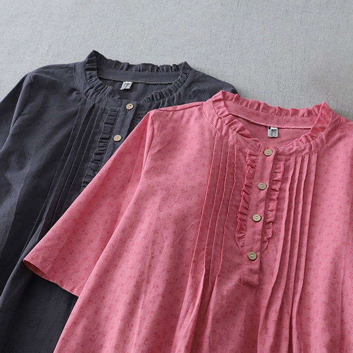 Buddha Stones Casual Retro Solid Color Button Ruffled Crew Neck Design Short Sleeve Cotton Linen Midi Dress With Pockets