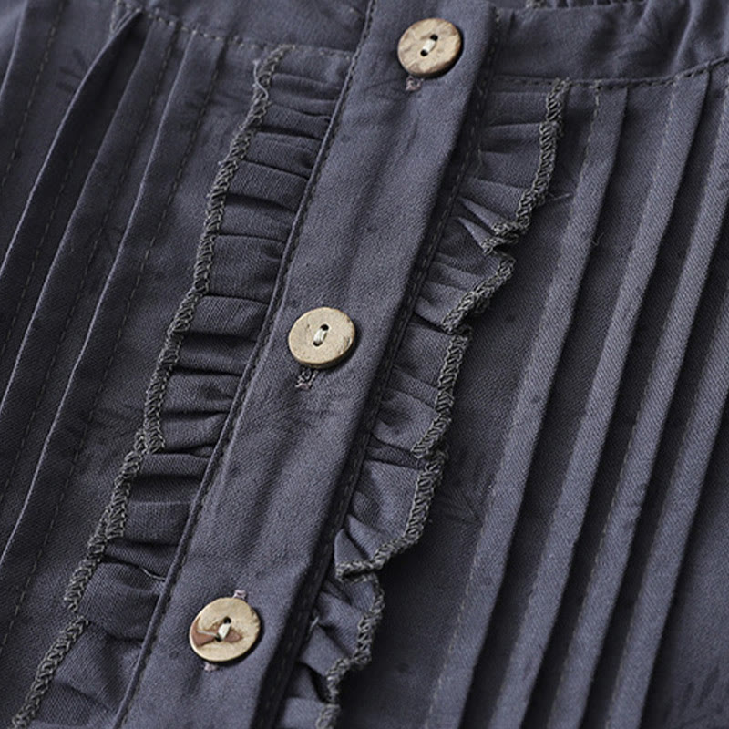 Buddha Stones Casual Retro Solid Color Button Ruffled Crew Neck Design Short Sleeve Cotton Linen Midi Dress With Pockets - image 3