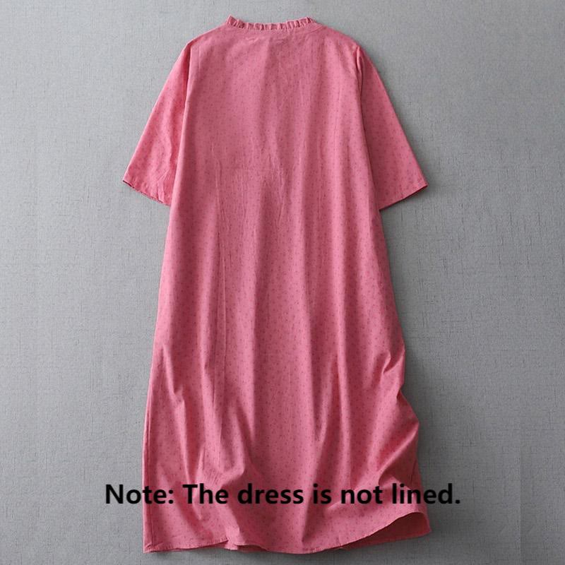 Buddha Stones Casual Retro Solid Color Button Ruffled Crew Neck Design Short Sleeve Cotton Linen Midi Dress With Pockets