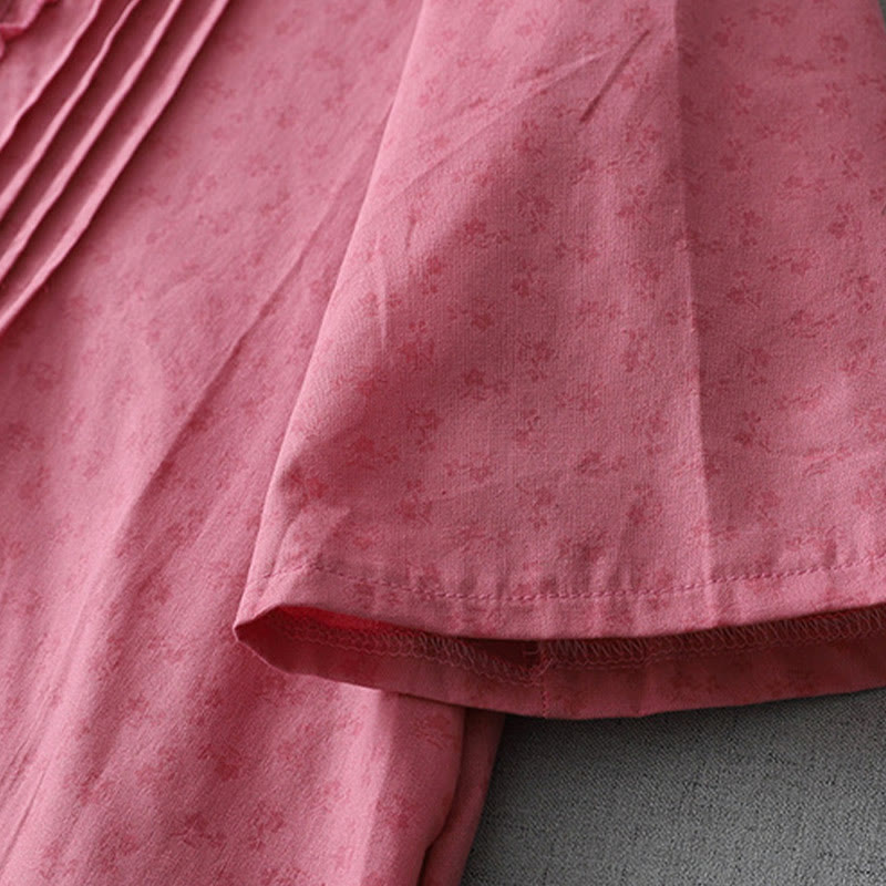 Buddha Stones Casual Retro Solid Color Button Ruffled Crew Neck Design Short Sleeve Cotton Linen Midi Dress With Pockets - image 11