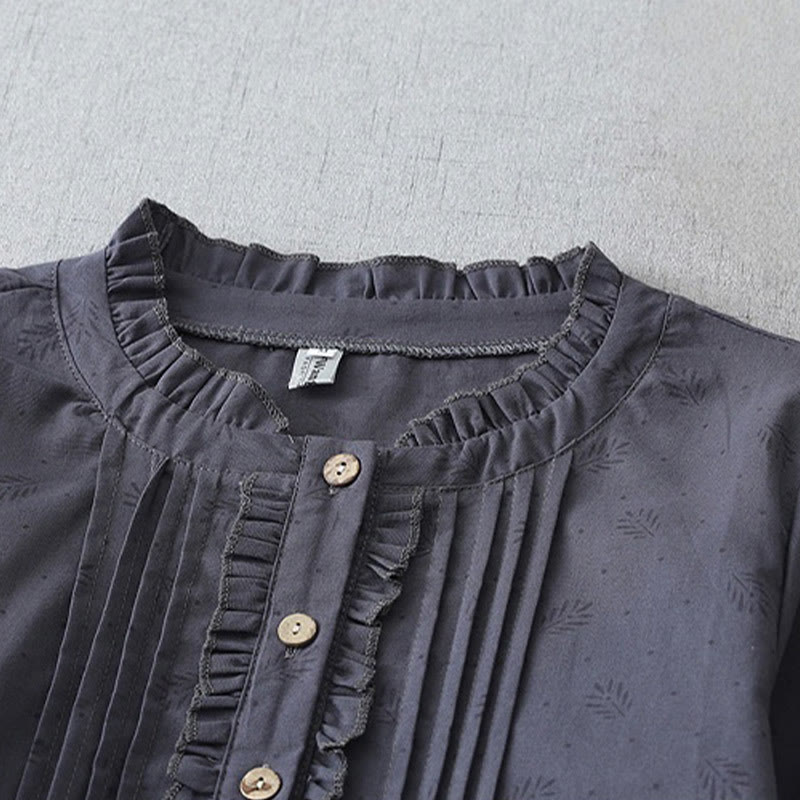 Buddha Stones Casual Retro Solid Color Button Ruffled Crew Neck Design Short Sleeve Cotton Linen Midi Dress With Pockets - image 2