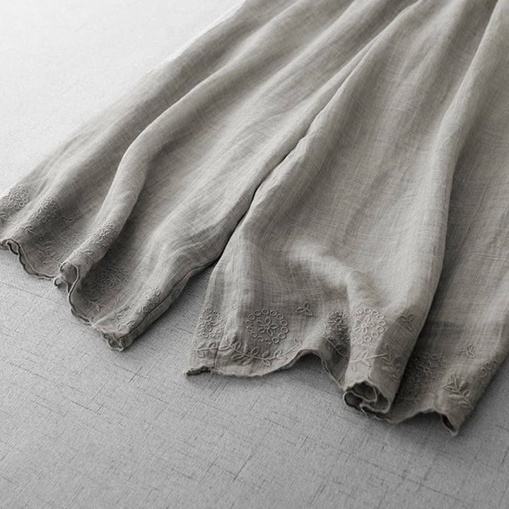 Buddha Stones Commute Solid Color Lace Embroidery Design Cotton Women's Wide Leg Cropped Pants With Pockets - image 12