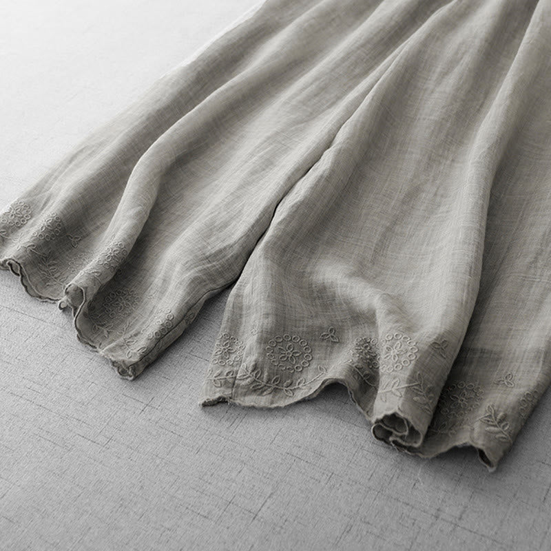 Buddha Stones Commute Solid Color Lace Embroidery Design Cotton Women's Wide Leg Cropped Pants With Pockets - image 12