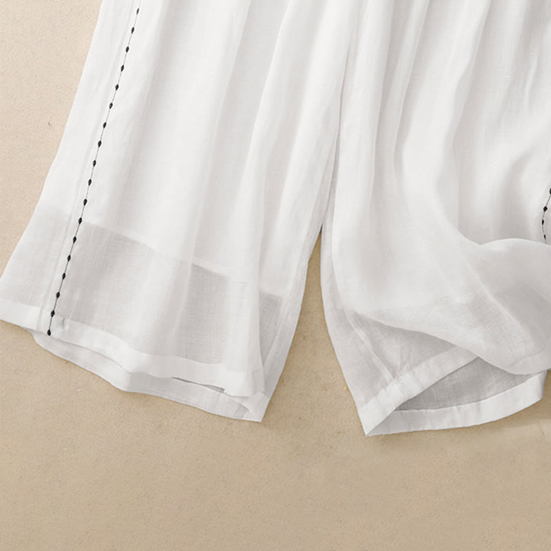 Buddha Stones Commute Solid Color Embroidery Drawstring Women's Wide Leg Ankle-Length Cotton Pants With Pockets - image 10