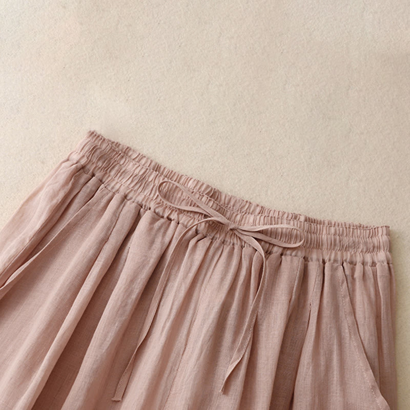 Buddha Stones Commute Solid Color Embroidery Drawstring Women's Wide Leg Ankle-Length Cotton Pants With Pockets - image 13