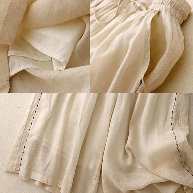 Buddha Stones Commute Solid Color Embroidery Drawstring Women's Wide Leg Ankle-Length Cotton Pants With Pockets - image 7