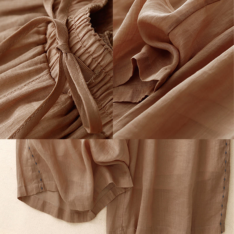 Buddha Stones Commute Solid Color Embroidery Drawstring Women's Wide Leg Ankle-Length Cotton Pants With Pockets - image 22