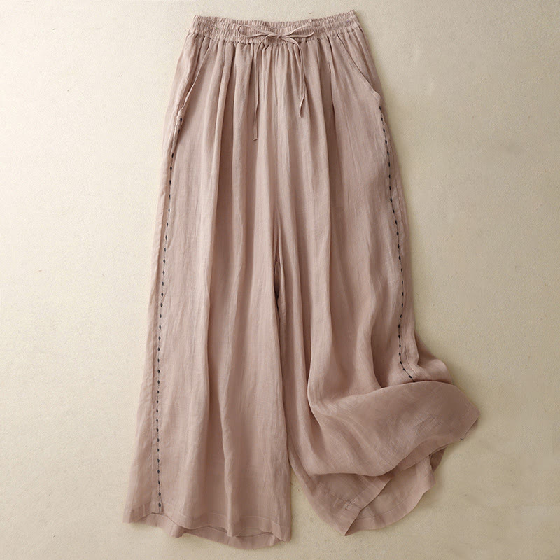 Buddha Stones Commute Solid Color Embroidery Drawstring Women's Wide Leg Ankle-Length Cotton Pants With Pockets - DarkSalmon - US8-10，UK/AU12-14，EU40-42 (2XL) - image 12