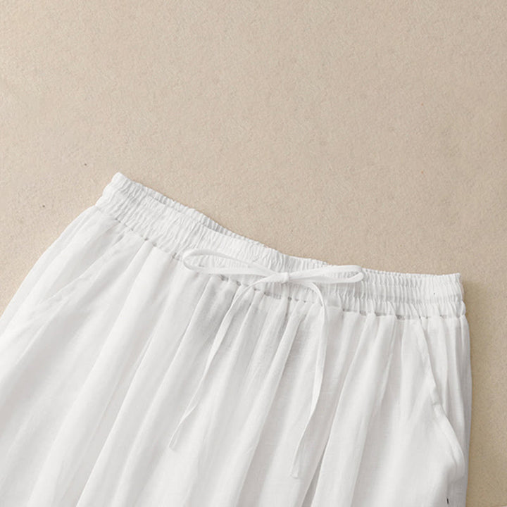 Buddha Stones Commute Solid Color Embroidery Drawstring Women's Wide Leg Ankle-Length Cotton Pants With Pockets - image 9