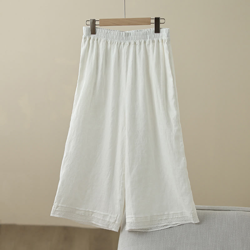 Buddha Stones Commute Retro Plain Lace Patchwork Design 7-8 Length Women's Wide Leg Cotton Pants With Pockets - FloralWhite - US8-10，UK/AU12-14，EU40-42 (2XL) - image 19