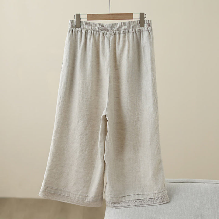 Buddha Stones Commute Retro Plain Lace Patchwork Design 7-8 Length Women's Wide Leg Cotton Pants With Pockets