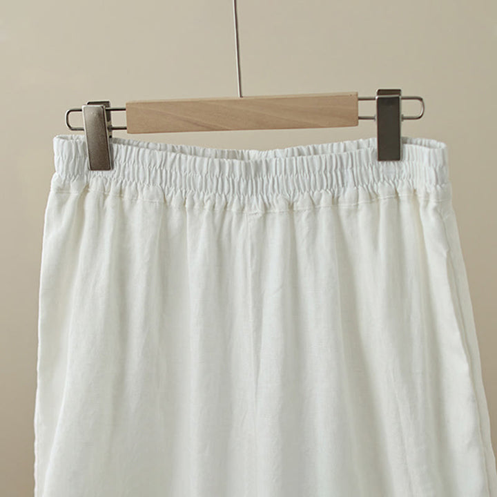 Buddha Stones Commute Retro Plain Lace Patchwork Design 7-8 Length Women's Wide Leg Cotton Pants With Pockets
