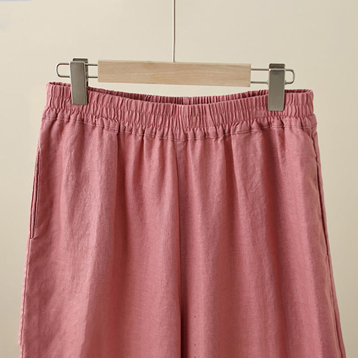 Buddha Stones Commute Retro Plain Lace Patchwork Design 7-8 Length Women's Wide Leg Cotton Pants With Pockets