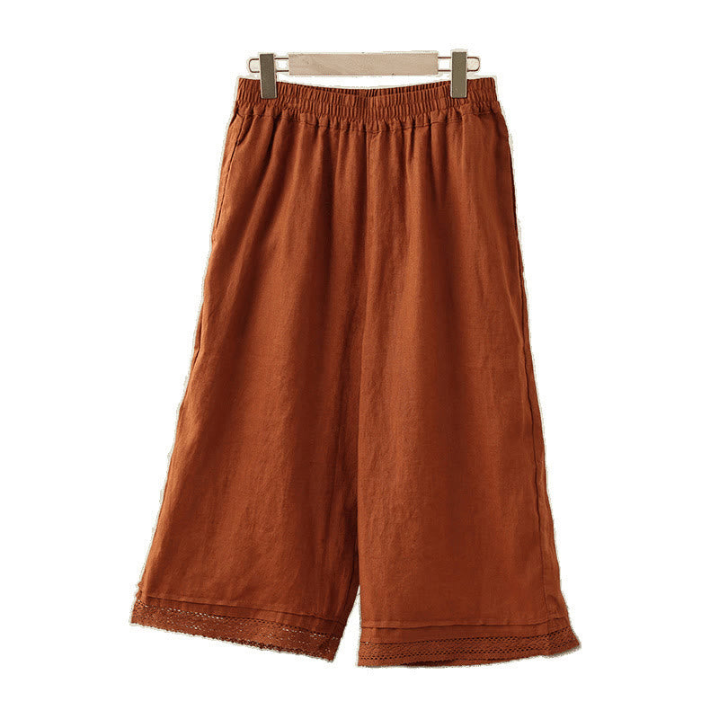 Buddha Stones Commute Retro Plain Lace Patchwork Design 7-8 Length Women's Wide Leg Cotton Pants With Pockets - image 18