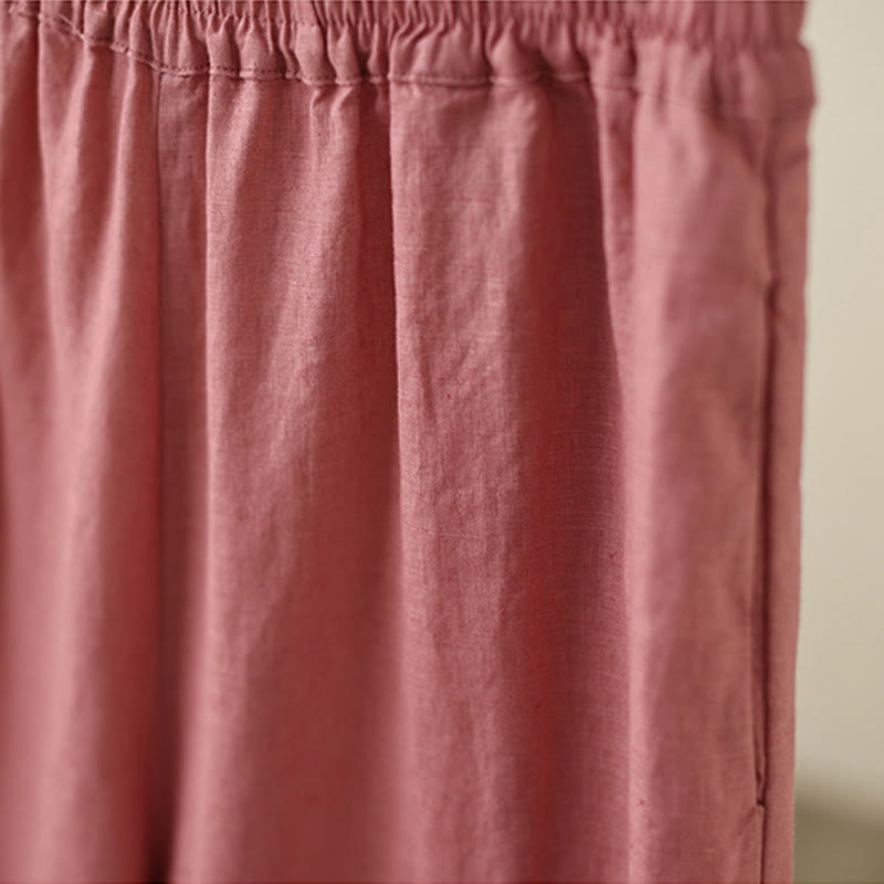 Buddha Stones Commute Retro Plain Lace Patchwork Design 7-8 Length Women's Wide Leg Cotton Pants With Pockets