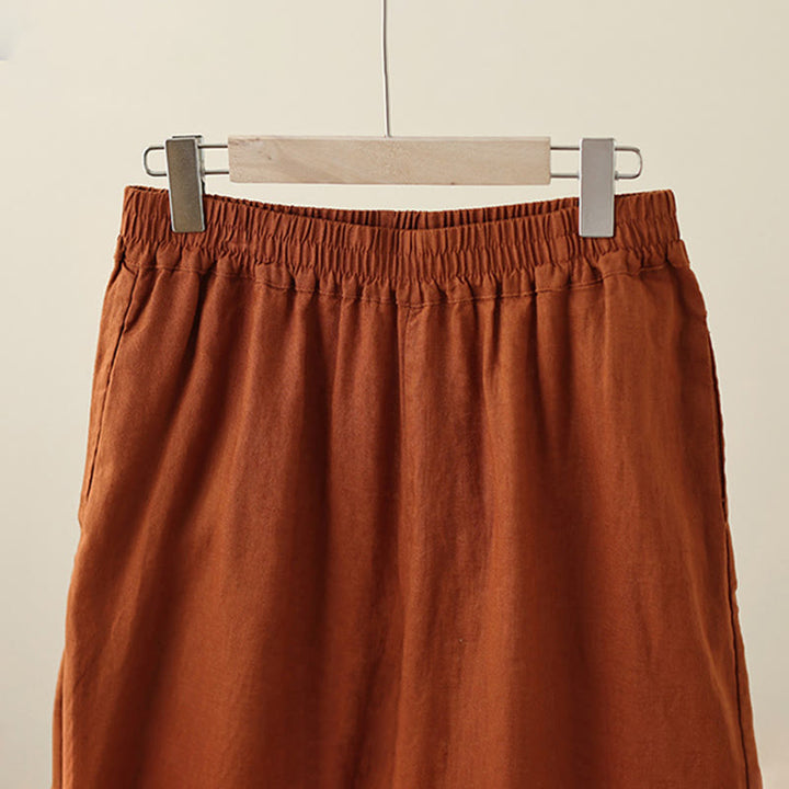 Buddha Stones Commute Retro Plain Lace Patchwork Design 7-8 Length Women's Wide Leg Cotton Pants With Pockets