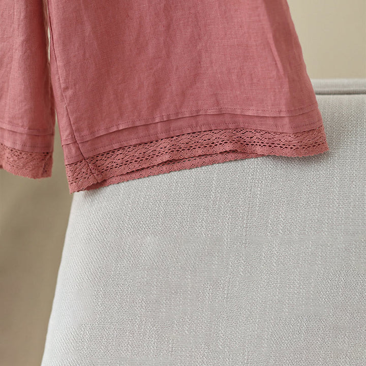 Buddha Stones Commute Retro Plain Lace Patchwork Design 7-8 Length Women's Wide Leg Cotton Pants With Pockets - image 13