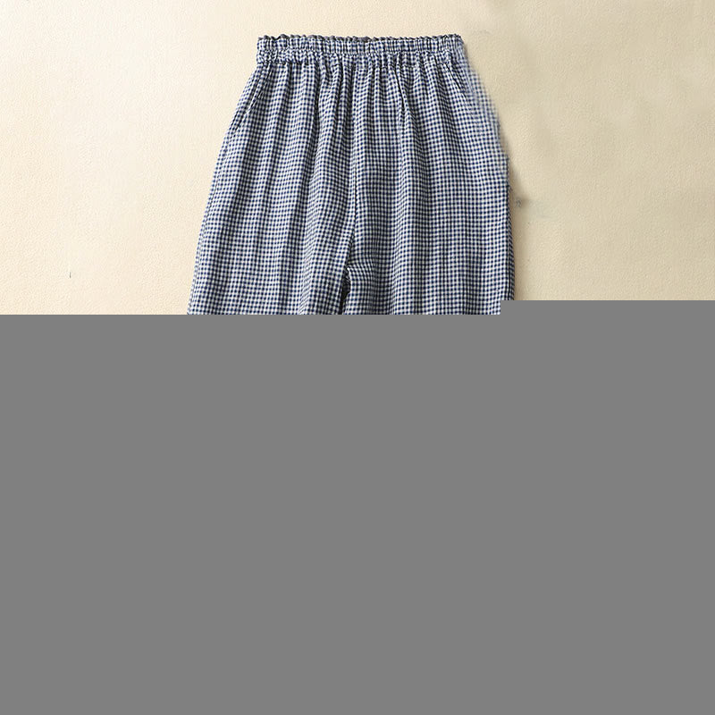 Buddha Stones Commute Casual Checkered Pattern 7-8 Length Women's Wide Leg Cotton Linen Pants With Pockets - image 1