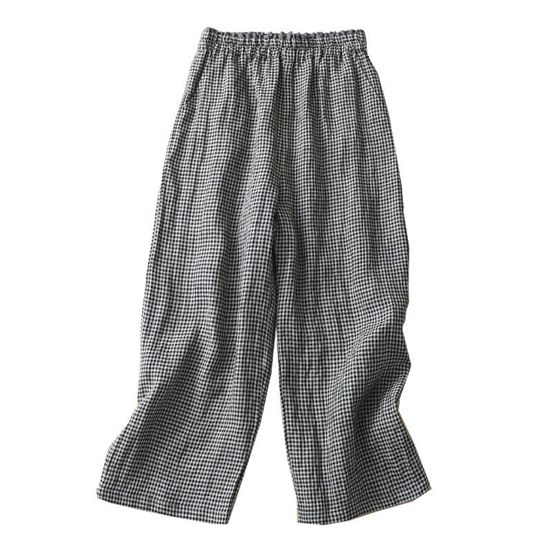 Buddha Stones Commute Casual Checkered Pattern 7-8 Length Women's Wide Leg Cotton Linen Pants With Pockets - image 15