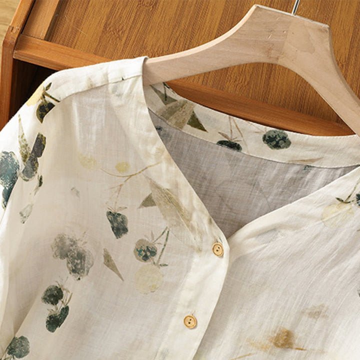 Buddha Stones Plant Printed V-neck Button Design Women's Polyester Three Quarter Sleeve Shirt Cardigan - image 3