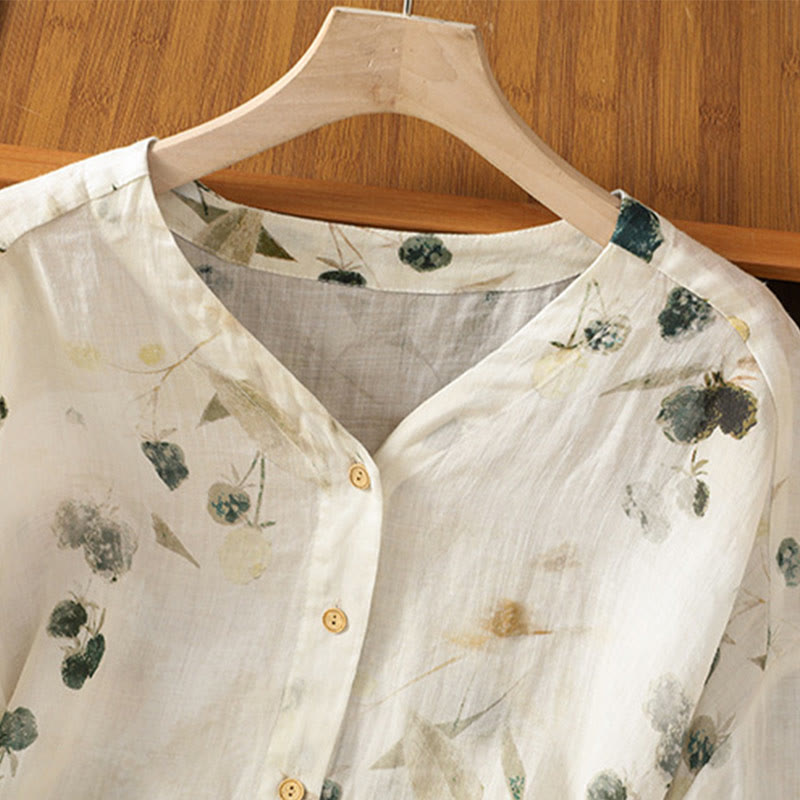 Buddha Stones Plant Printed V-neck Button Design Women's Polyester Three Quarter Sleeve Shirt Cardigan - image 2