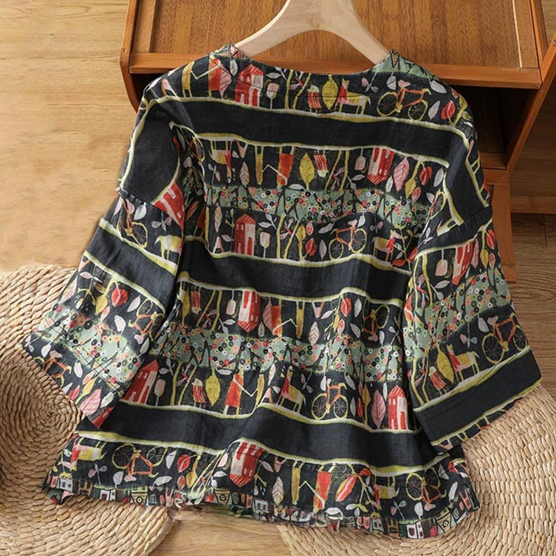 Buddha Stones Plant Printed V-neck Button Design Women's Polyester Three Quarter Sleeve Shirt - image 10