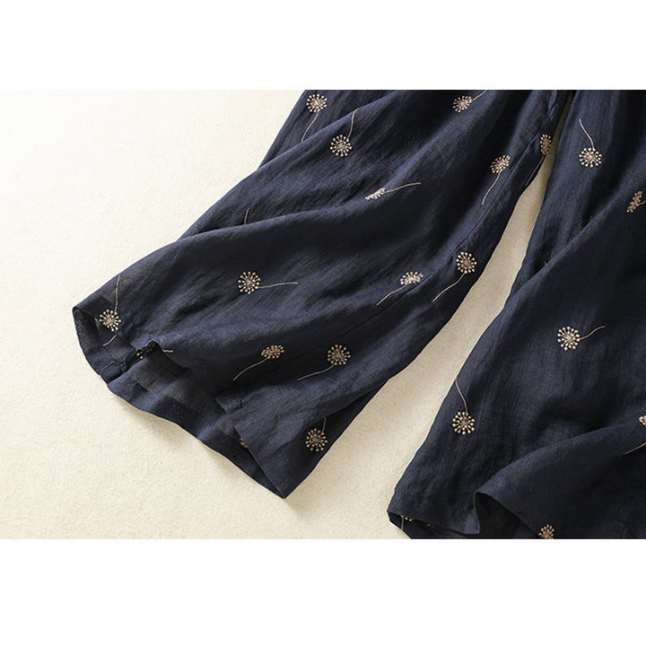 Buddha Stones MidnightBlue Commute Casual Dandelion Pattern Women's Wide Leg Cotton Linen Pants - image 9
