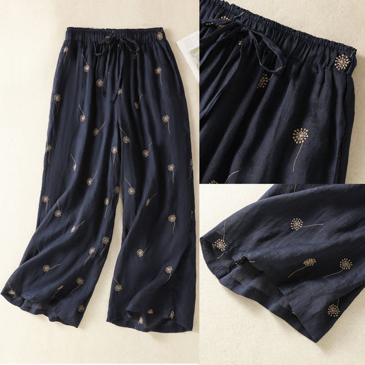 Buddha Stones MidnightBlue Commute Casual Dandelion Pattern Women's Wide Leg Cotton Linen Pants - image 10