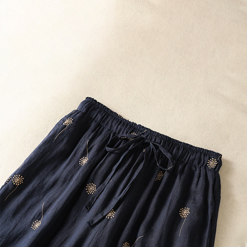 Buddha Stones MidnightBlue Commute Casual Dandelion Pattern Women's Wide Leg Cotton Linen Pants - image 4