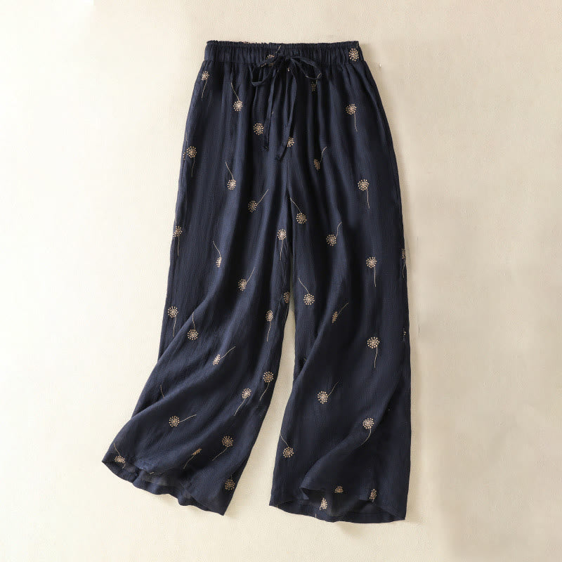 Buddha Stones MidnightBlue Commute Casual Dandelion Pattern Women's Wide Leg Cotton Linen Pants - image 1