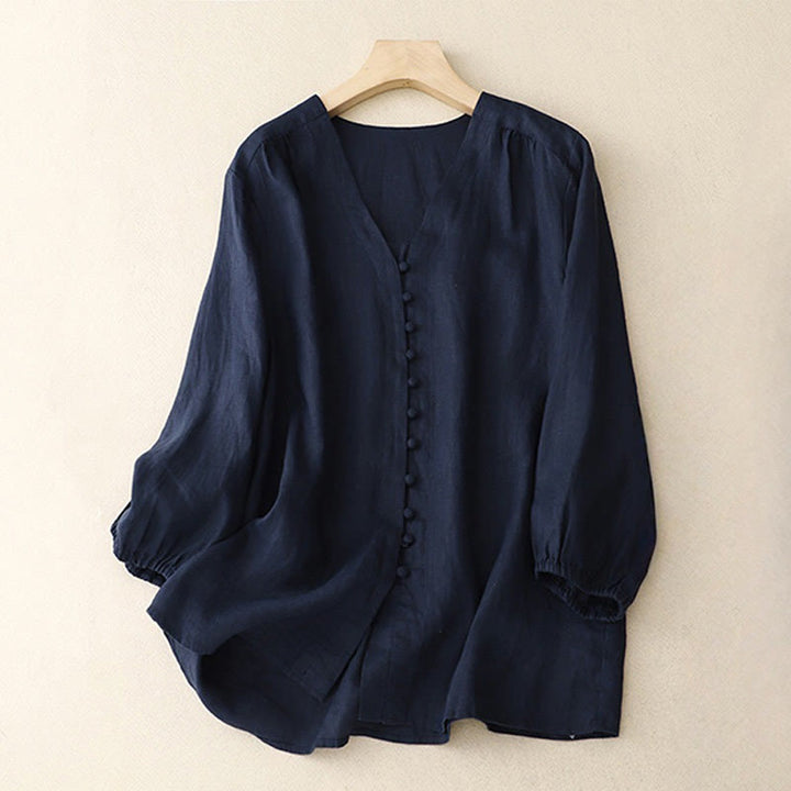 Buddha Stones V-Neck Design Women's Cotton Linen Long Sleeve Shirt - MidnightBlue - US8-10，UK/AU12-14，EU40-42 (2XL) - image 9