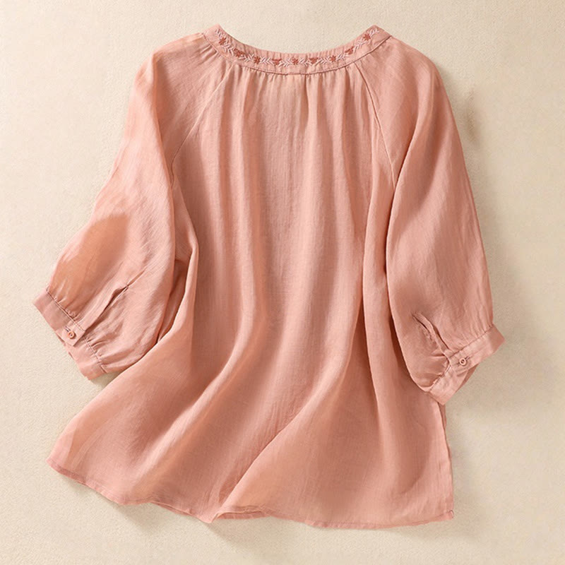 Buddha Stones Embroiderd Design Women's Cotton Linen Three Quarter Sleeve Shirt  - image 6