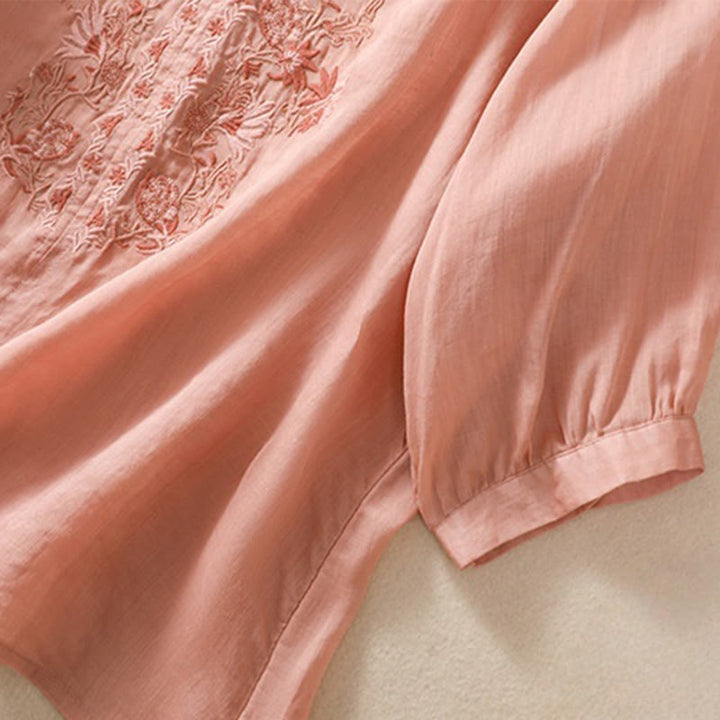 Buddha Stones Embroidered Design Women's Cotton Linen Three Quarter Sleeve Shirt - image 1