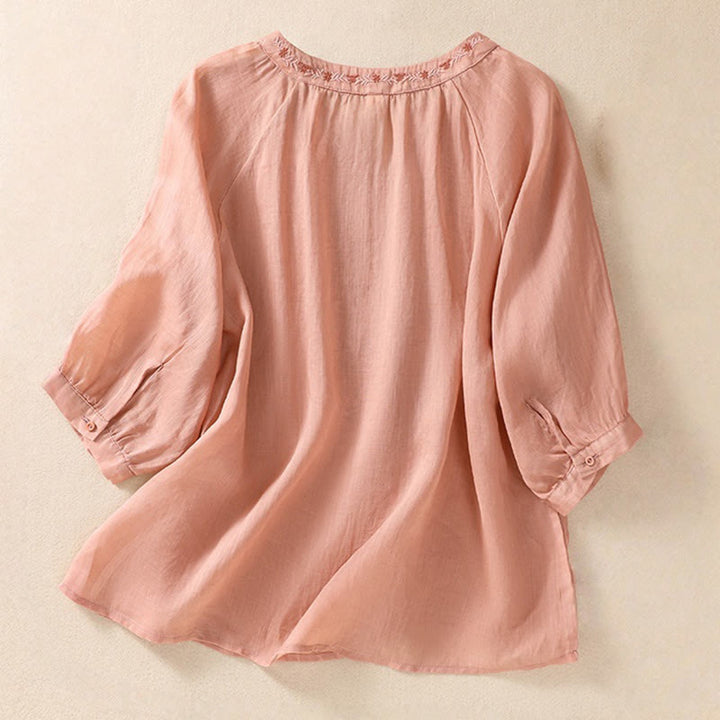 Buddha Stones Embroidered Design Women's Cotton Linen Three Quarter Sleeve Shirt - image 6