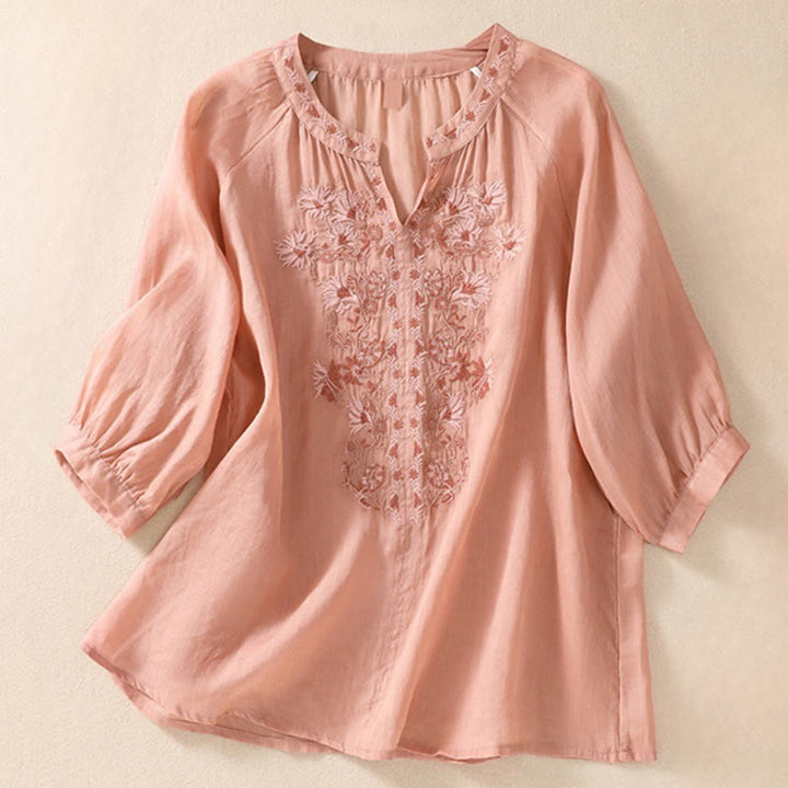 Buddha Stones Embroidered Design Women's Cotton Linen Three Quarter Sleeve Shirt - LightSalmon - US8-10，UK/AU12-14，EU40-42 (2XL) - image 0