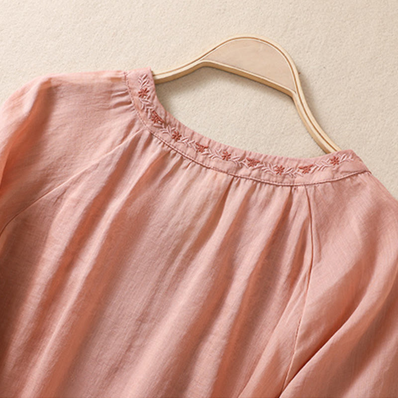 Buddha Stones Embroidered Design Women's Cotton Linen Three Quarter Sleeve Shirt - image 3