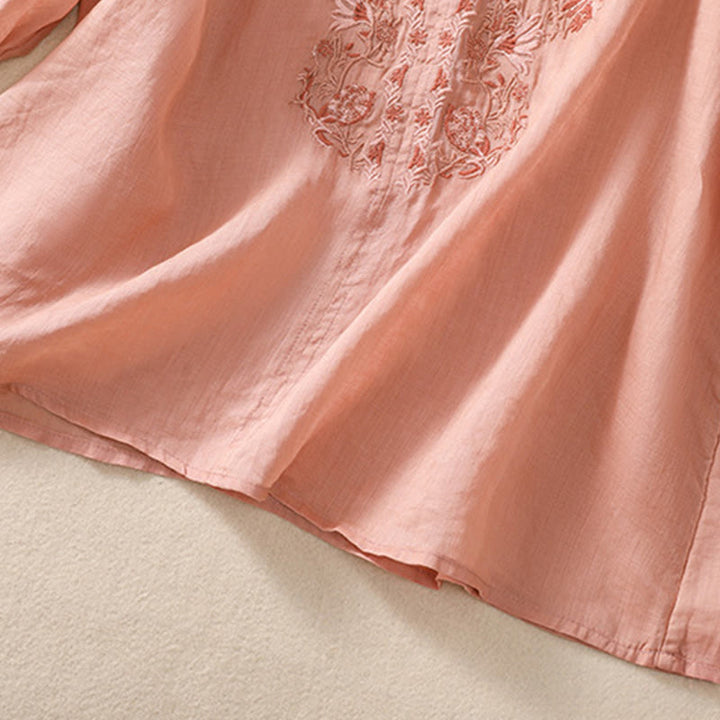 Buddha Stones Embroidered Design Women's Cotton Linen Three Quarter Sleeve Shirt - image 5