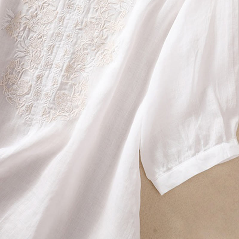 Buddha Stones Embroidered Design Women's Cotton Linen Three Quarter Sleeve Shirt - image 12